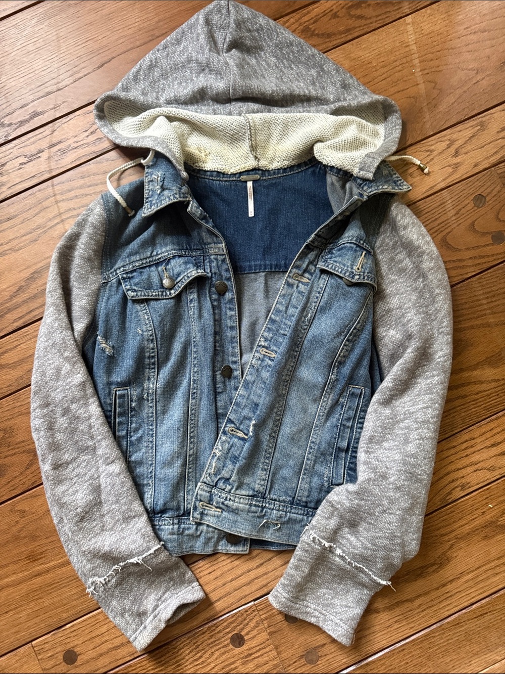 Free People women’s M Hooded Denim Jacket with Gray Knit Sleeves